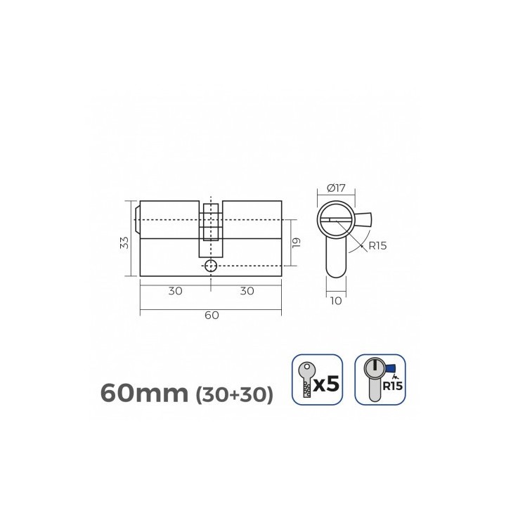 BOMBIN LATON 60MM 30+30MM LEVA LARGA LLAVE SEGURIDAD
