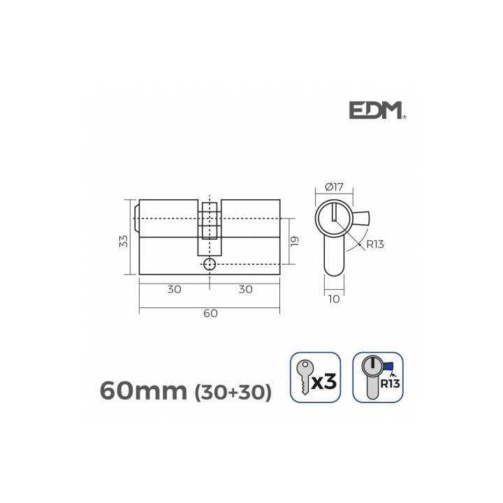 BOMBIN NIQUEL 60MM 30+30MM LEVA CORTA 3 LLAVES
