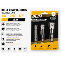 KIT 3 ADAPTADORES 1/4" HEXAGONAL A 1/4"-3/8"-1/2" BLIM