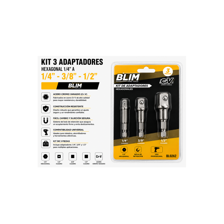 KIT 3 ADAPTADORES 1/4" HEXAGONAL A 1/4"-3/8"-1/2" BLIM