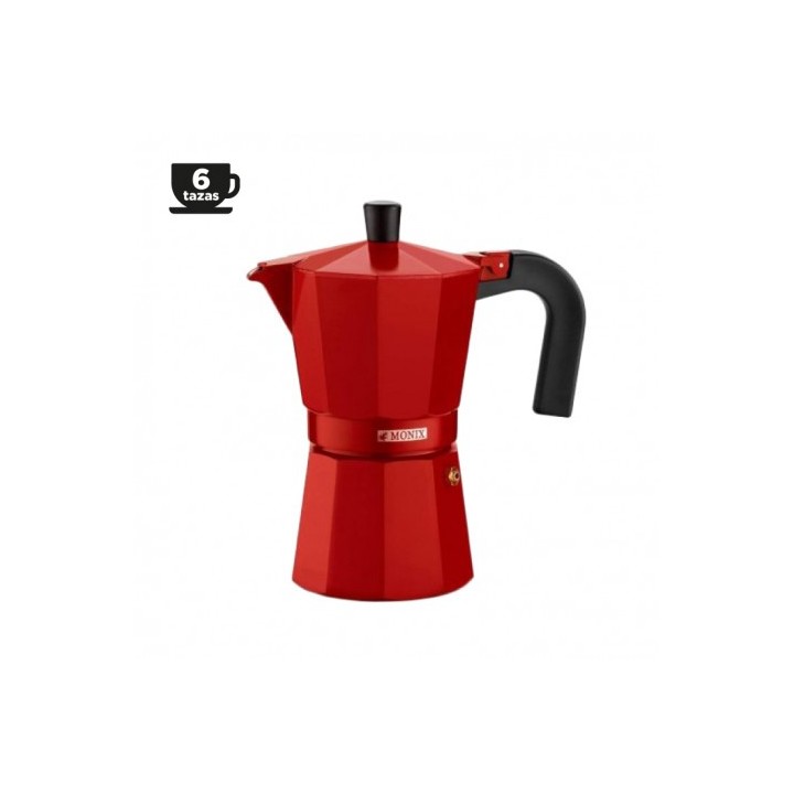 CAFETERA ITALIANA ALUMINIO 6 TAZAS VITRO ROJA MONIX