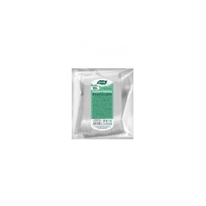 PACK 100 CUCHARAS POSTRE PLASTICAS REUTILIZABLES BLANCAS ALGON