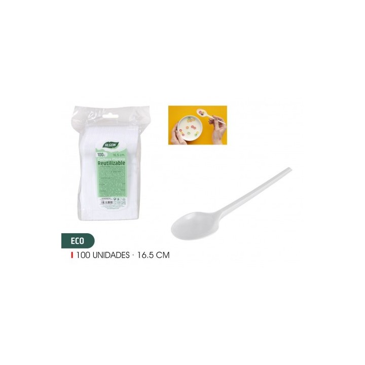 PACK 100 CUCHARAS PLASTICAS REUTILIZABLES BLANCAS ALGON