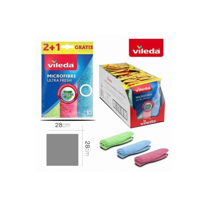 PACK 3 BAYETAS MICROFIBRAS 28X28 COLORES VILEDA