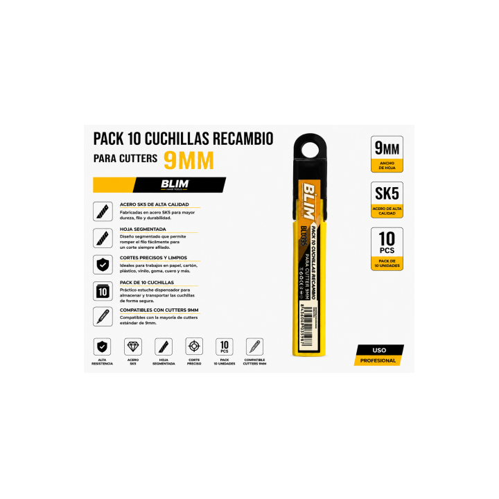 PACK 10 CUCHILLAS RECAMBIO PARA CUTTERS 9MM BLIM
