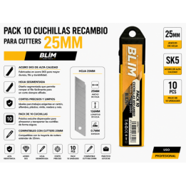 PACK 10 CUCHILLAS RECAMBIO PARA CUTTERS 25 MM BLIM