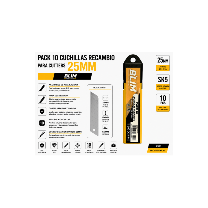 PACK 10 CUCHILLAS RECAMBIO PARA CUTTERS 25 MM BLIM