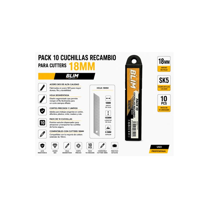 PACK 10 CUCHILLAS RECAMBIO PARA CUTTERS 18 MM BLIM
