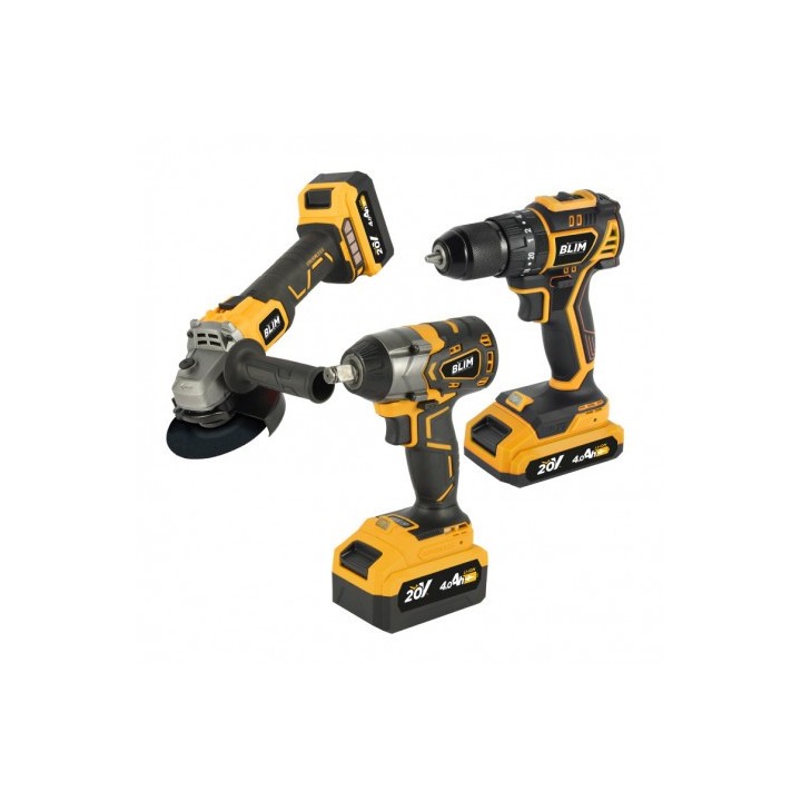 PACK 20V TALADRO + LLAVE IMPACTO + RADIAL S/CARBONES | 2 BATERIAS 4AH BLIM