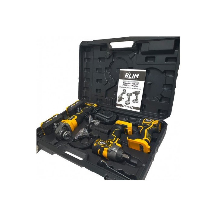 PACK 20V TALADRO + LLAVE IMPACTO + RADIAL S/CARBONES | 2 BATERIAS 4AH BLIM