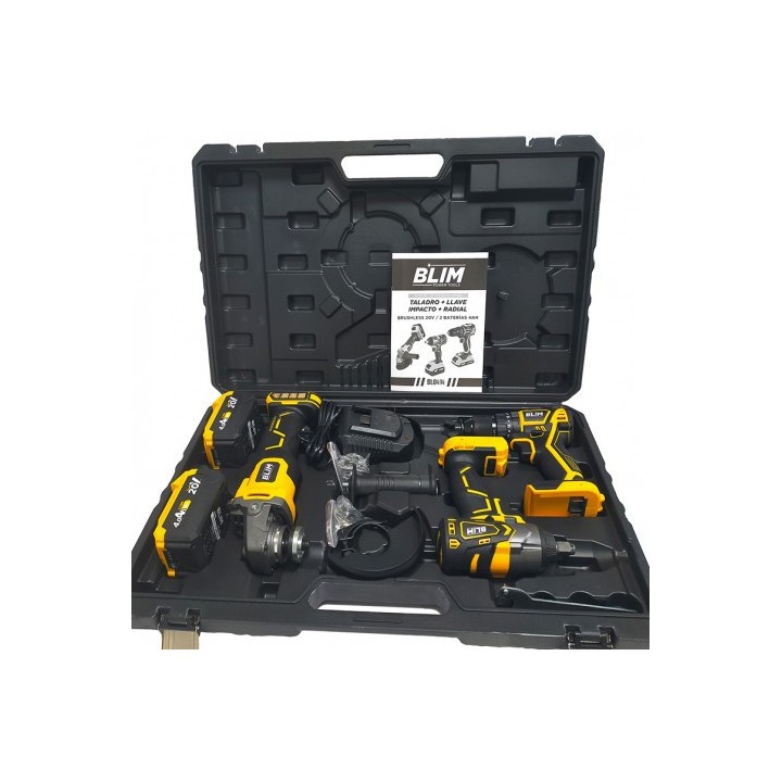 PACK 20V TALADRO + LLAVE IMPACTO + RADIAL S/CARBONES | 2 BATERIAS 4AH BLIM