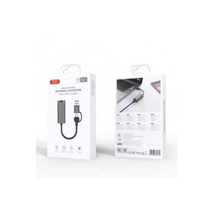 ADAPTADOR DE RJ45 A USB-A Y USB-C HUB018 XO