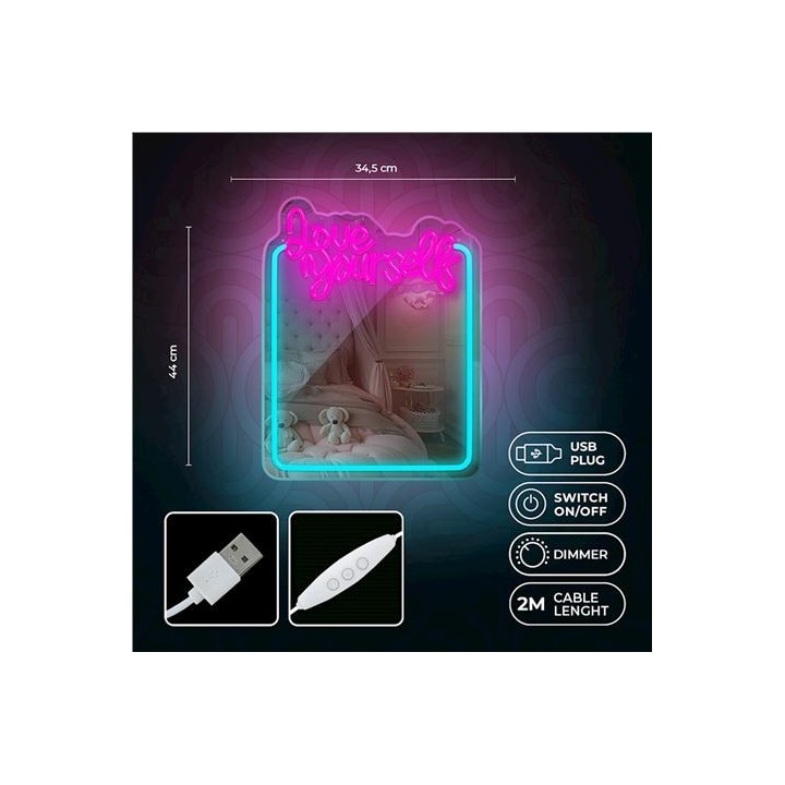 ESPEJO DECORATIVO CON NEON LED LOVE YOURSELF FOREVER