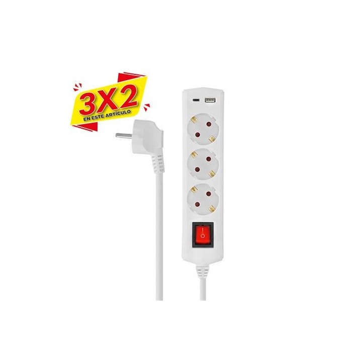 BASE MULTIPLE 3 TOMAS CON INTERRUPTOR + USB + TIPO C ELBAT (3 x 2)