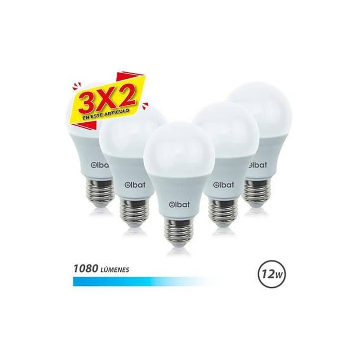 PACK 5 BOMBILLAS LED A60 | 12W | 1080LM | E27 | LUZ FRIA | ELBAT (3 X 2)