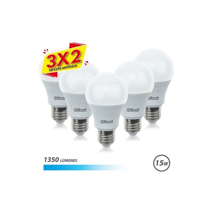 PACK 5 BOMBILLAS LED A60 | 15W | 1350LM | E27 | LUZ FRIA | ELBAT (3 X 2)