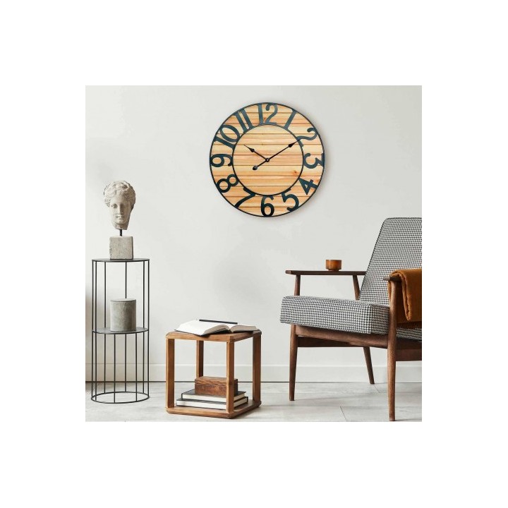 RELOJ PARED VINTAGE NEGRO/MADERA CLARA 60CM