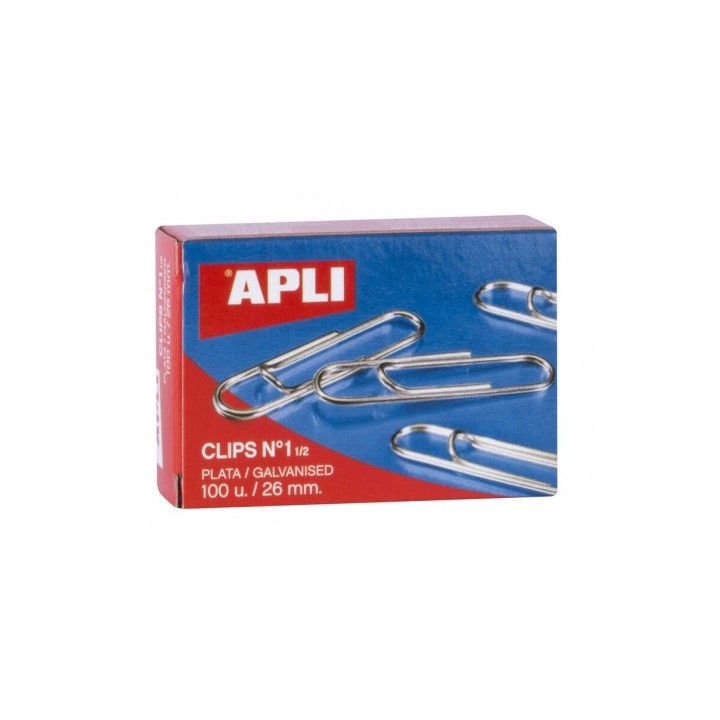 CAJA DE 100 UNIDADES DE CLIPS PLATEADOS - Nº1 Y 1/2 - 26MM - APLI