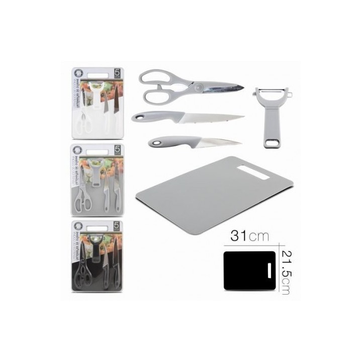 SET TIJERAS + PELADOR + 2 CUCHILLOS + TABLA DE CORTE