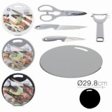 SET TIJERAS + PELADOR + 2 CUCHILLOS + TABLA DE CORTE CIRCULAR