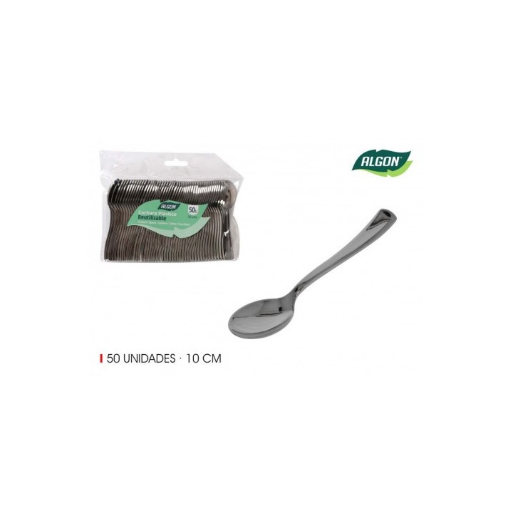 SET 50 CUCHARA 10CM PLASTICO REUTILIZABLE PLATA ALGON