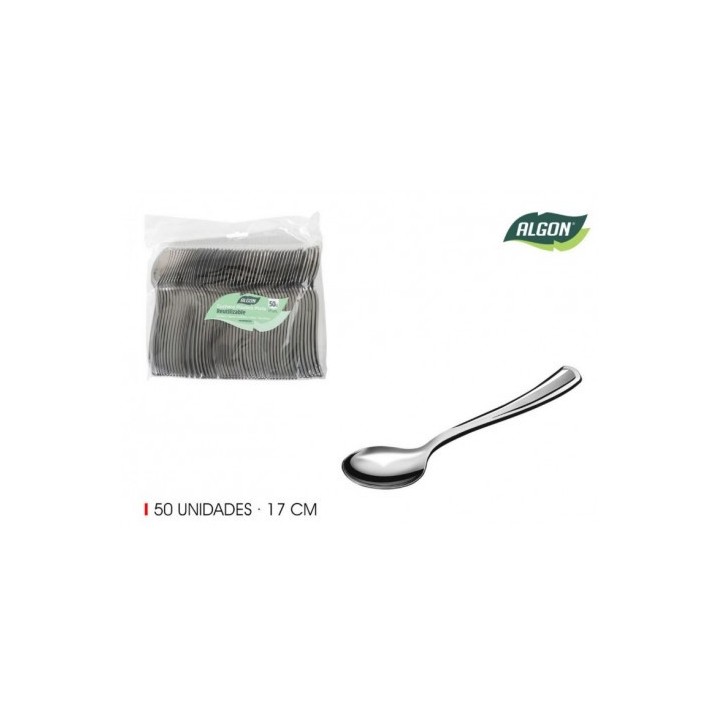 SET 50 CUCHARAS 17CM PLASTICO REUTILIZABLE PLATA ALGON