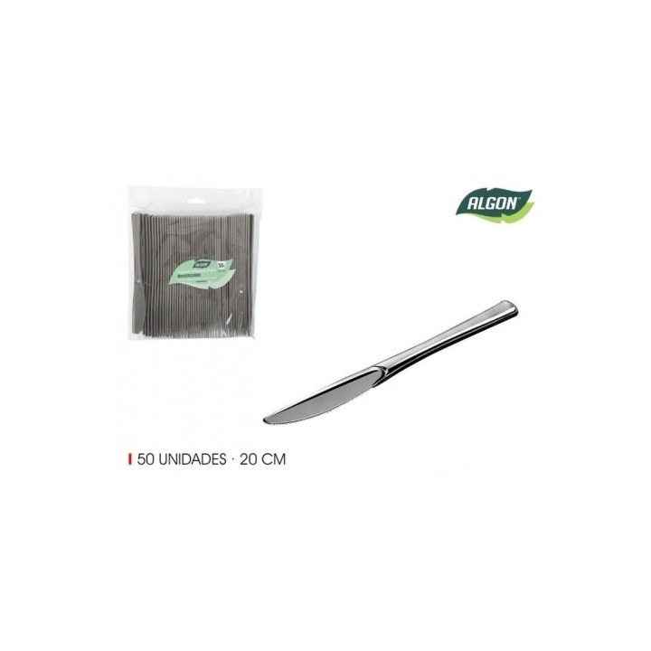 SET 50 CUCHILLOS 20CM PLASTICO REUTILIZABLE PLATA ALGON