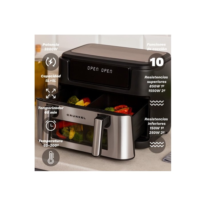 FREIDORA DE AIRE 10 LITROS 2800W CUBETOS FLEXIBLES GRUNKEL