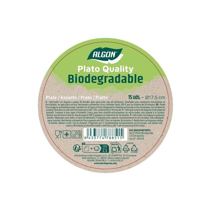 SET 15 PLATOS BIODEGRADABLES 17,5CM ALGON