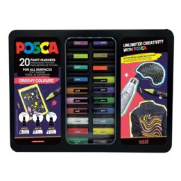 MALETA METÁLICA CON 20 MARCADORES DE PINTURA PUNTA POLIESTER SURTIDOS POSCA