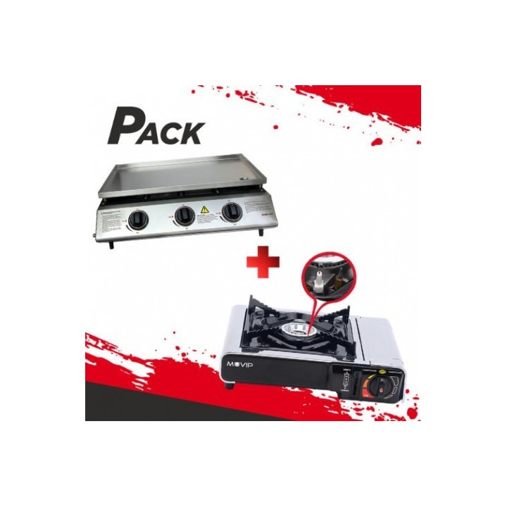 PLANCHA DE ASAR 3 FUEGOS INOXIDABLE + COCINA DE GAS PORTATIL MUVIP