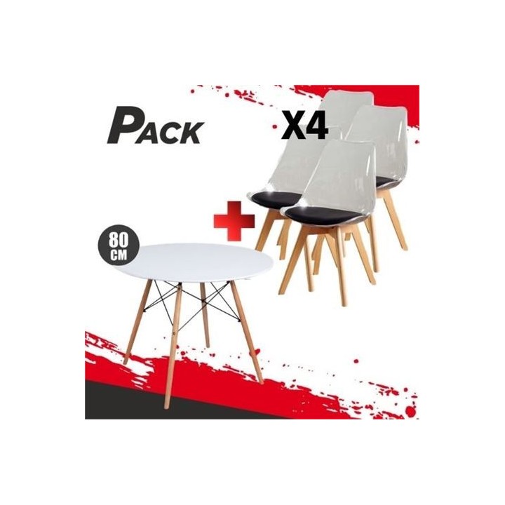 MESA REDONDA DESIGN D500 80CM BLANCA + 4 SILLAS DESIGN D1000 TRANS+NEGRO