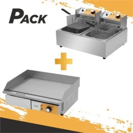 PLANCHA PROFESIONAL SUPERFICIE LISA 3000W + FREIDORA PROFESIONAL DOBLE 9+9L