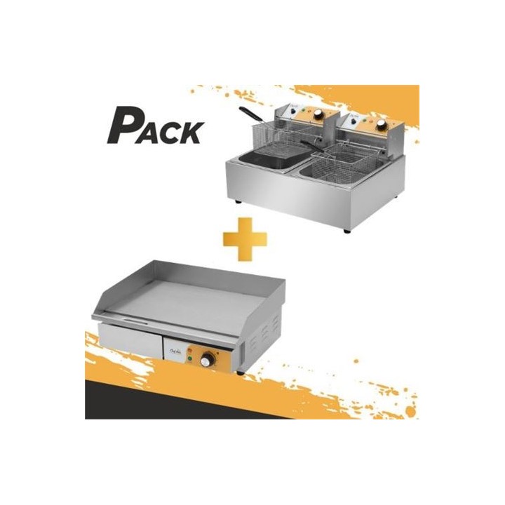 PLANCHA PROFESIONAL SUPERFICIE LISA 3000W + FREIDORA PROFESIONAL DOBLE 9+9L