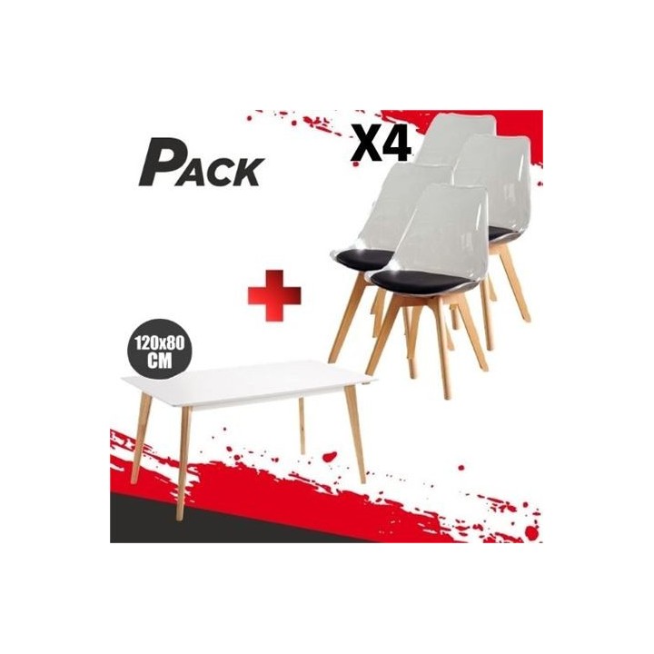 MESA DESIGN D900 120X80CM BLANCA + 4 SILLAS DESIGN D1000 TRANS+NEGRO