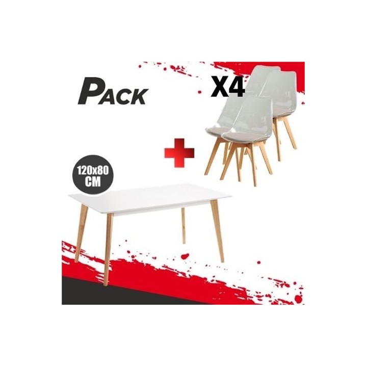 MESA DESIGN D900 120X80CM BLANCA + 4 SILLAS DESIGN D100 TRANSPARENTE