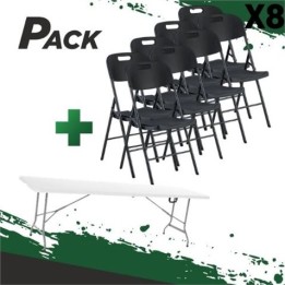 MESA DE RESINA PLEGABLE 240X74X74CM + 8 SILLAS RESINA PLEGABLE PRO 44X53X83