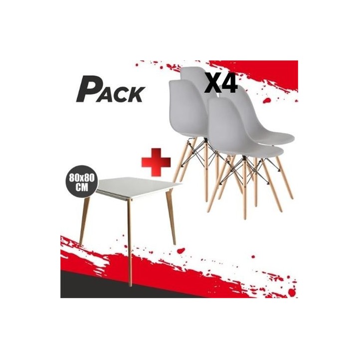 MESA DESIGN D900 80X80CM BLANCA + 4 SILLAS DESIGN D100 GRISES MUVIP