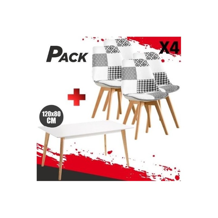 MESA DESIGN D900 120X80CM BLANCA + 4 SILLAS DESIGN D400 TELA PATCHWORK
