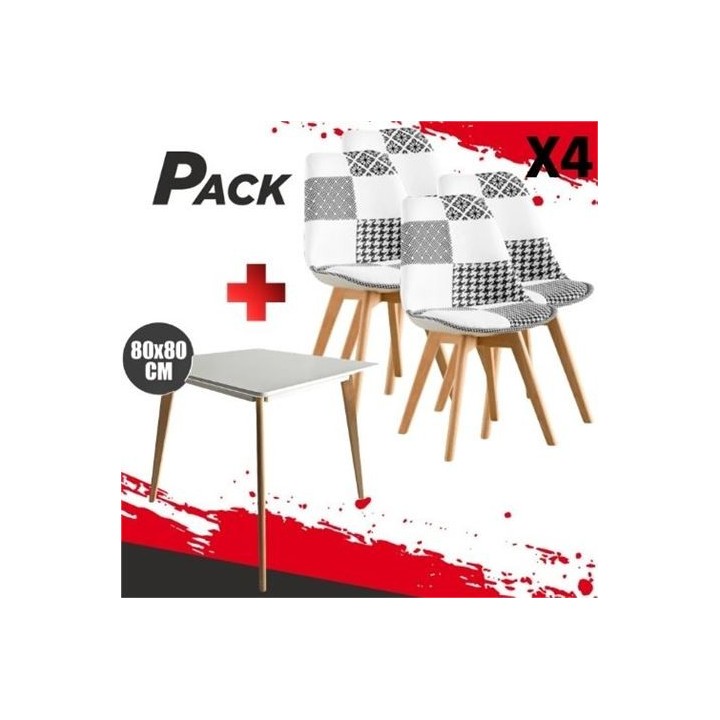 MESA DESIGN D900 80X80CM BLANCA + 4 SILLAS DESIGN D400 TELA PATCHWORK