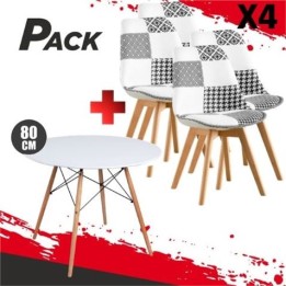 MESA REDONDA DESIGN D500 80CM BLANCA + 4 SILLAS DESIGN D400 TELA PATCHWORK
