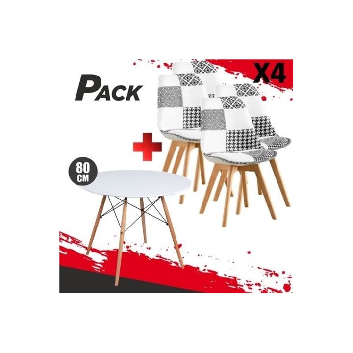 MESA REDONDA DESIGN D500 80CM BLANCA + 4 SILLAS DESIGN D400 TELA PATCHWORK