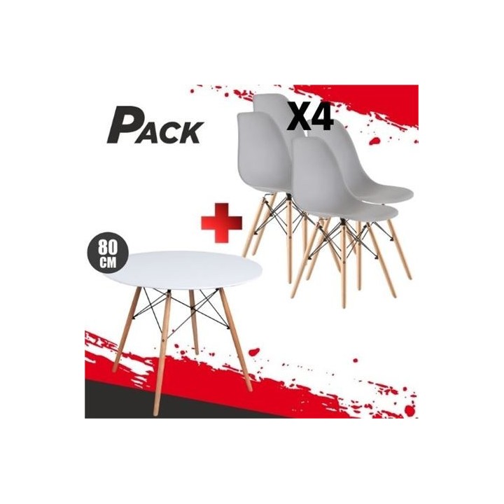 MESA REDONDA DESIGN D500 80CM BLANCA + 4 SILLAS DESIGN D100 GRISES MUVIP