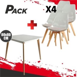 MESA DESIGN D900 80X80CM BLANCA + 4 SILLAS DESIGN D1000 TRANSPARENTES