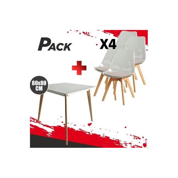 MESA DESIGN D900 80X80CM BLANCA + 4 SILLAS DESIGN D1000 TRANSPARENTES