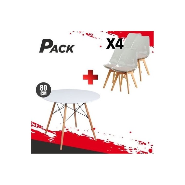 MESA REDONDA DESIGN D500 80CM BLANCA + 4 SILLAS DESIGN D1000 TRANSPARENTES