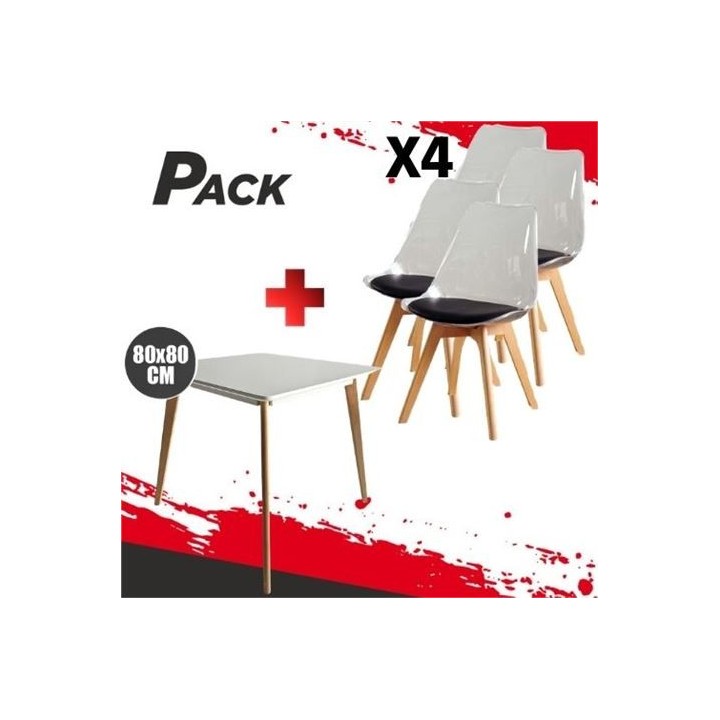 MESA DESIGN D900 80X80CM BLANCA + 4 SILLAS DESIGN D1000 TRANS+NEGRO