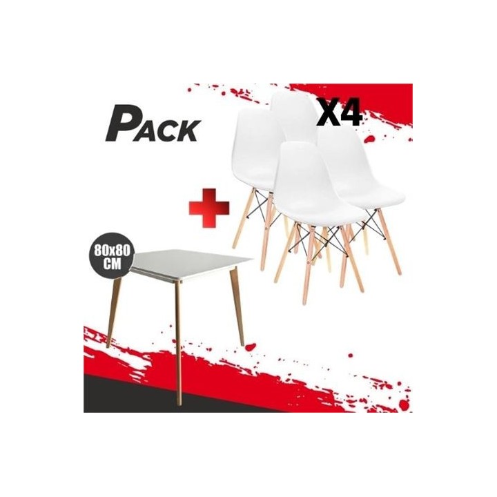MESA DESIGN D900 80X80CM BLANCA + 4 SILLAS DESIGN D100 BLANCAS MUVIP
