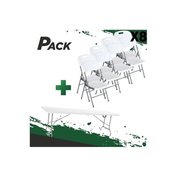 MESA DE RESINA PLEGABLE 240X74X74CM + 8 SILLAS RESINA PLEGABLE PRO 44X53X83