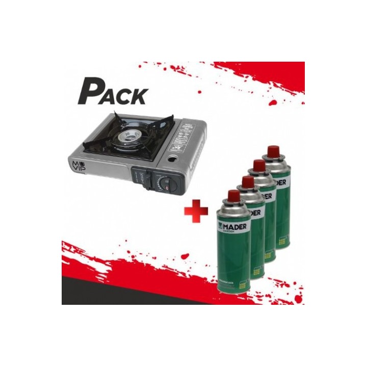 PACK COCINA GAS PORTATIL MUVIP + 4 CARTUCHOS GAS 227GR. MADER